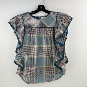 World Market Top Women Blouse S/M Pink Green Gingham Flutter Sleeve High Low NWT